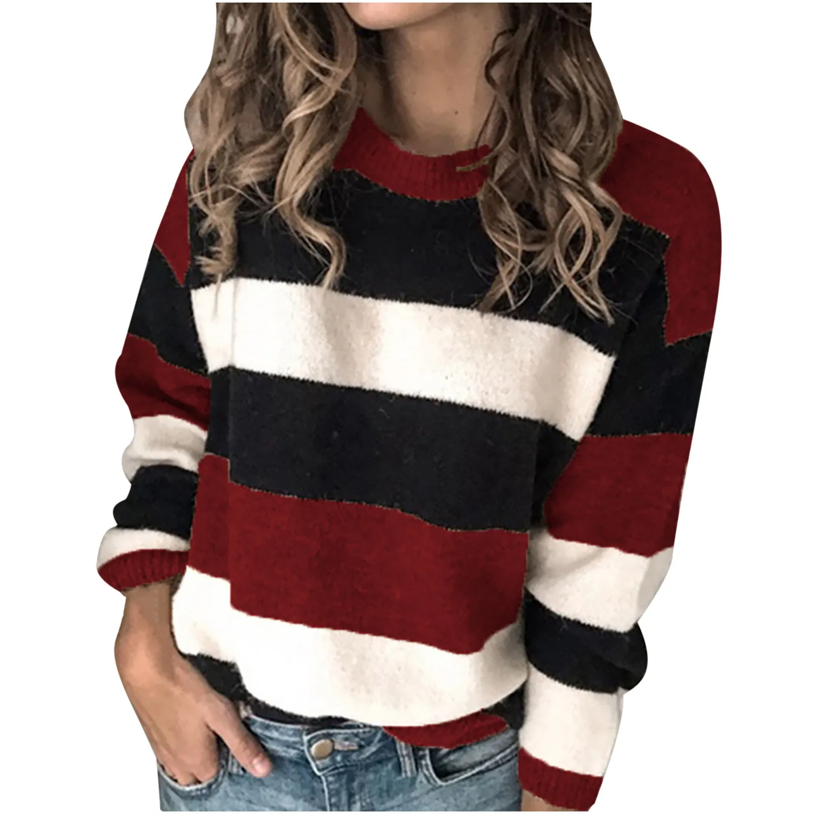 

Fashion Sweaters женские свиеѬа for Women O-Neck Long Sleeve Striped Print Casual Knitted Loose Sweater Top Drop Shipping